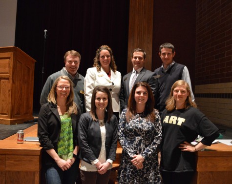 The Innovative Teachers of  the Year pose with their respective principal. Top row (left to right): Pat Haney, Karen Carter, Ryan Rich and Jeff Bryant. Bottom row (left to right): Jessica Homan, Lauren Caldwell, Kelly Geisleman, Kayti Hahn.