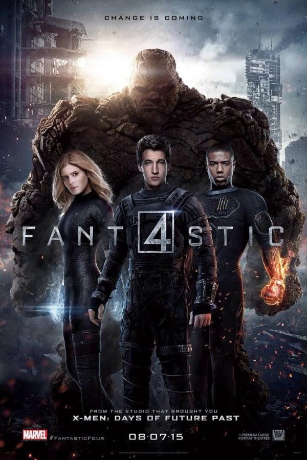 This cenamtic poster was released prior the premiere of the movie. Miles Teller, center, plays the main protagonist, Mister Fantastic.