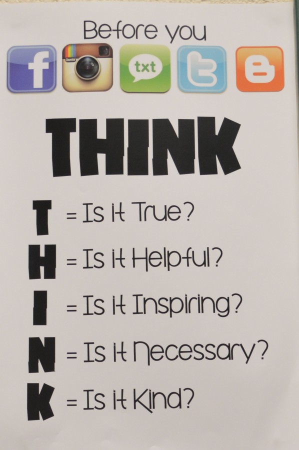 Posters around NHS are prompting kids to THINK before they post. Administration at NHS has had more people stand up to bullies in the past year than ever before.