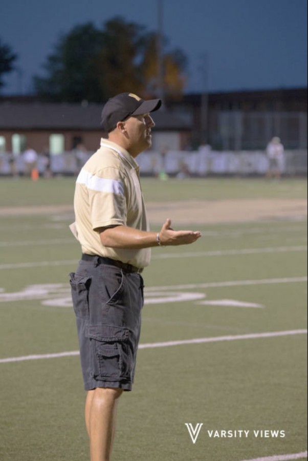 Lance Scheib speaking to officials during the Miller’s game vs. Lawrence North on August 21st. The Millers defeated the Wildcats 55-50.