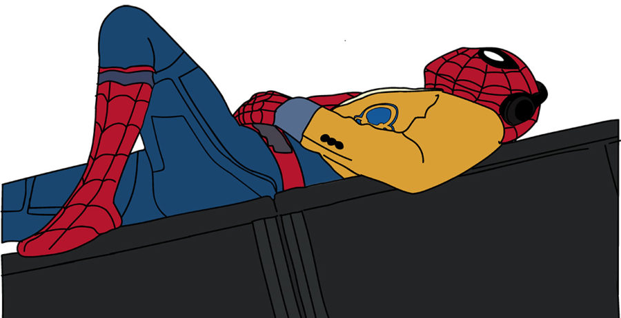 An illustration by K. Miller of a Spider-Man: Homecoming movie poster. The movie poster was based off of a picture of Tom Holland sleeping on set in his Spider-Man suit.