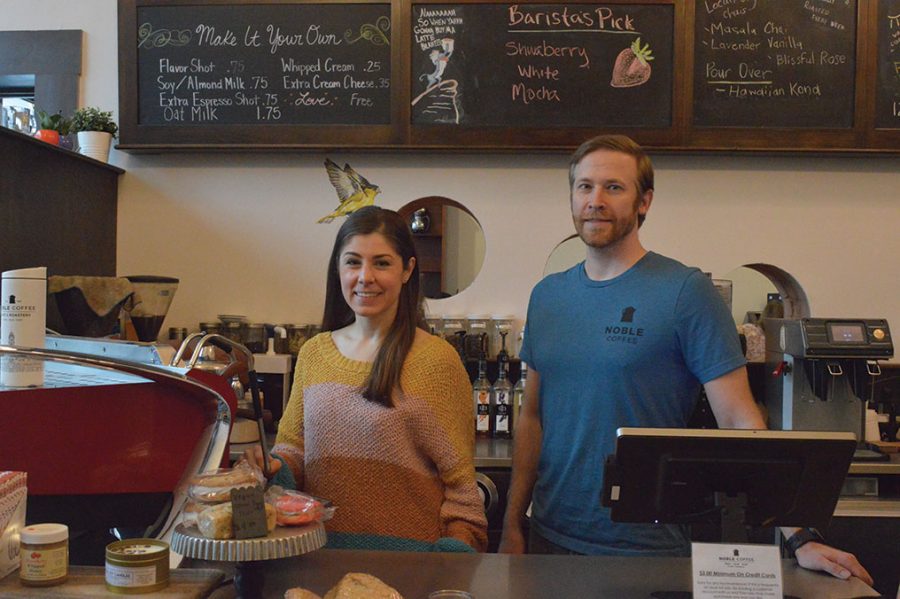 Co-owners Robyn and Mark Littler make and serve beverages behind the counter at Noble Coffee and Tea in downtown Noblesville. “It’s funny because a lot of people so me what my favorite [drink] is, looking for sweeter drinks. But I’m a black coffee person, so I really like Ethiopian coffees.” Robyn said.