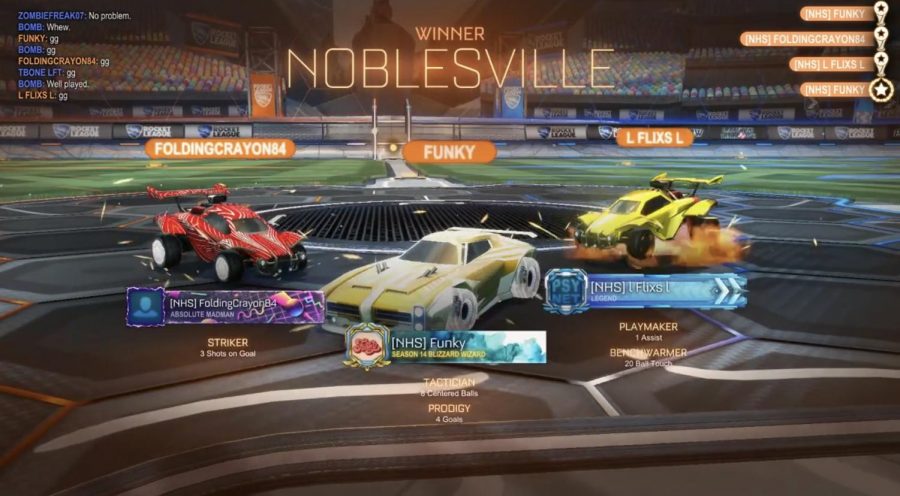 Noblesville%E2%80%99s+esports+team+wins+a+game+of+Rocket+League.+Players+use+fun+gamertags+to+represent+their+car+in+the+game.