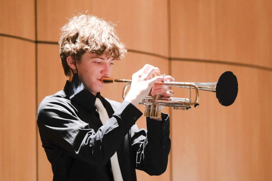 Levi+Rozek+performs+a+solo+at+a+jazz+concert+at+Noblesville+High+School.+Hes+been+a+part+of+the+jazz+band+at+NHS+for+three+years.