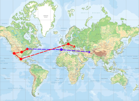 The journeys of Bashir Khari and Vitalii Arnaut took them more than halfway across the world. Kharis path (in purple) brought him to Indiana from Afghanistan. Arnauts journey (in red) brought him from Ukraine to the Midwest via California.
