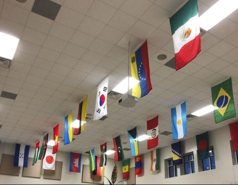 At Promise Road Elementary, flags belonging to different nations hang from the cafeteria ceiling. They symbolize the different nations that students can trace their roots to. 