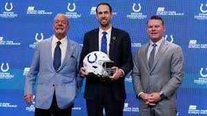Colts head coach Shane Steichen poses for a photo with Colts owner Jim Irsay and GM Chris Ballard. Steichen was announced as coach on Febuary 14th.
