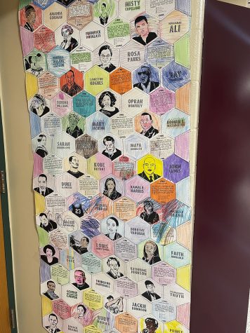 On the door of an NHS classroom, a mural of Black historical figures greets students. The project was created as part of BHM.