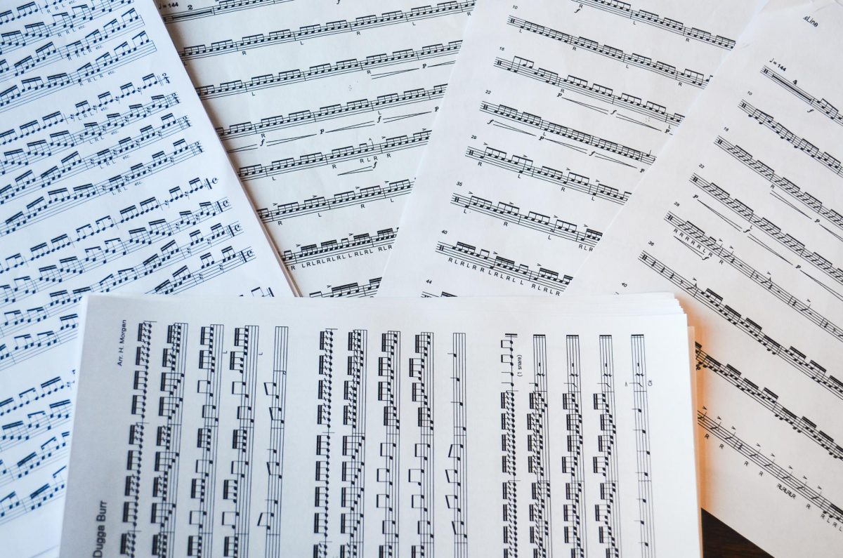 Sheet music displays treble and bass clefs and includes time signatures as well as key signatures that are ready for performance and analysis. 